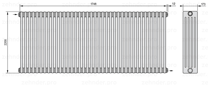Схема (чертеж) Радиатор Zehnder Charleston 5220/38 №1670 Белый глянцевый RAL 9016